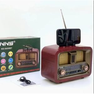 NS-6650 Büyük Boy Telefon Tutma Aparatlı Retro Ahşap Tasarım Bluetooth Radyo